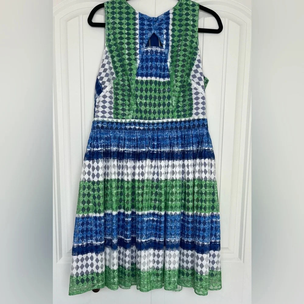 Julian Taylor Blue, Green and White Patterned Sleeveless Midi Dress